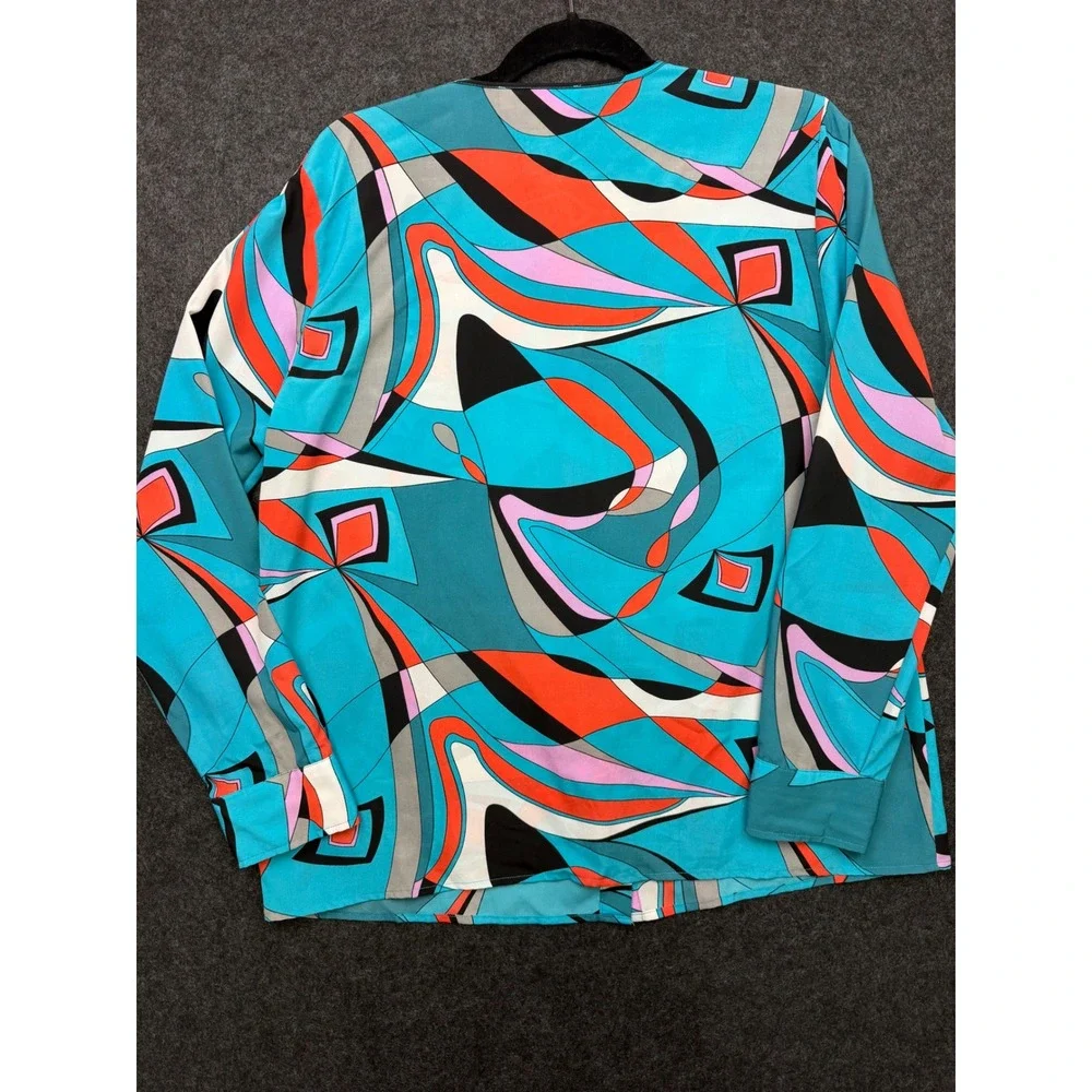 Michael Michael Kors Abstract Geometric Print Button Down Blouse Turquoise L - Picture 6 of 9